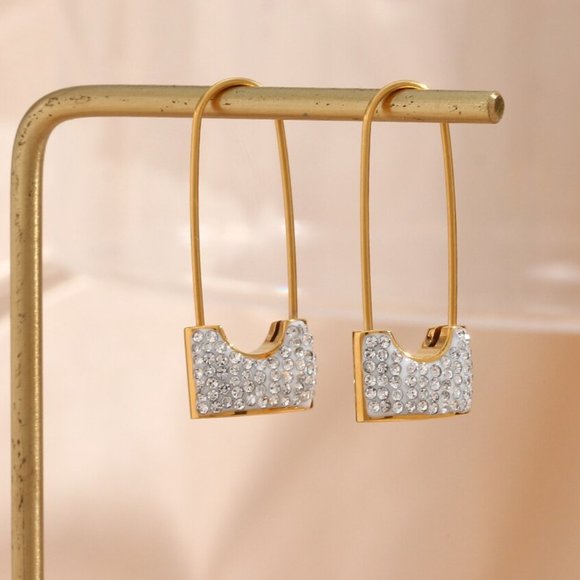 Safety Pin Lock White Zircon Dangle Earrings 18K Gold Plated Stainless - Picture 8 of 9
